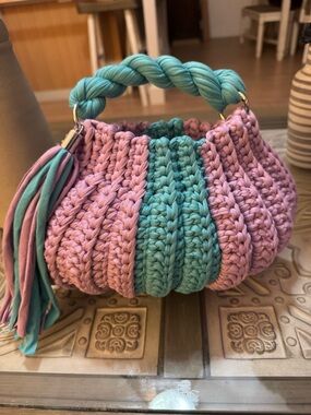 Bonita Bolso  Handcrafted Pink & Teal Crochet Tote Bag - Braided by Yvonne